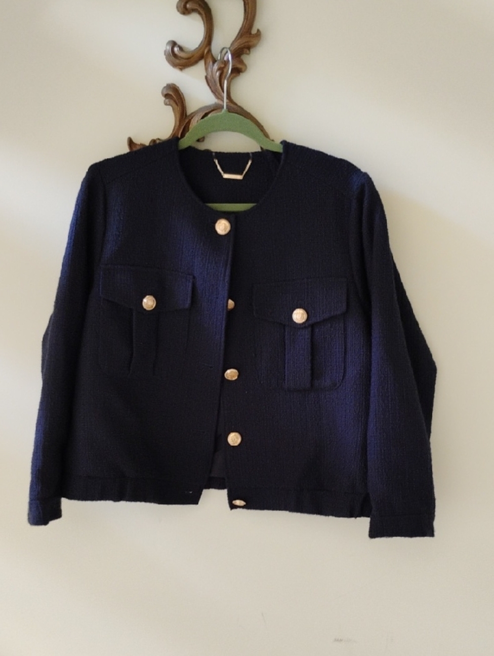 Chico's Women's Navy Textured Button-Front Jacket with Gold Buttons